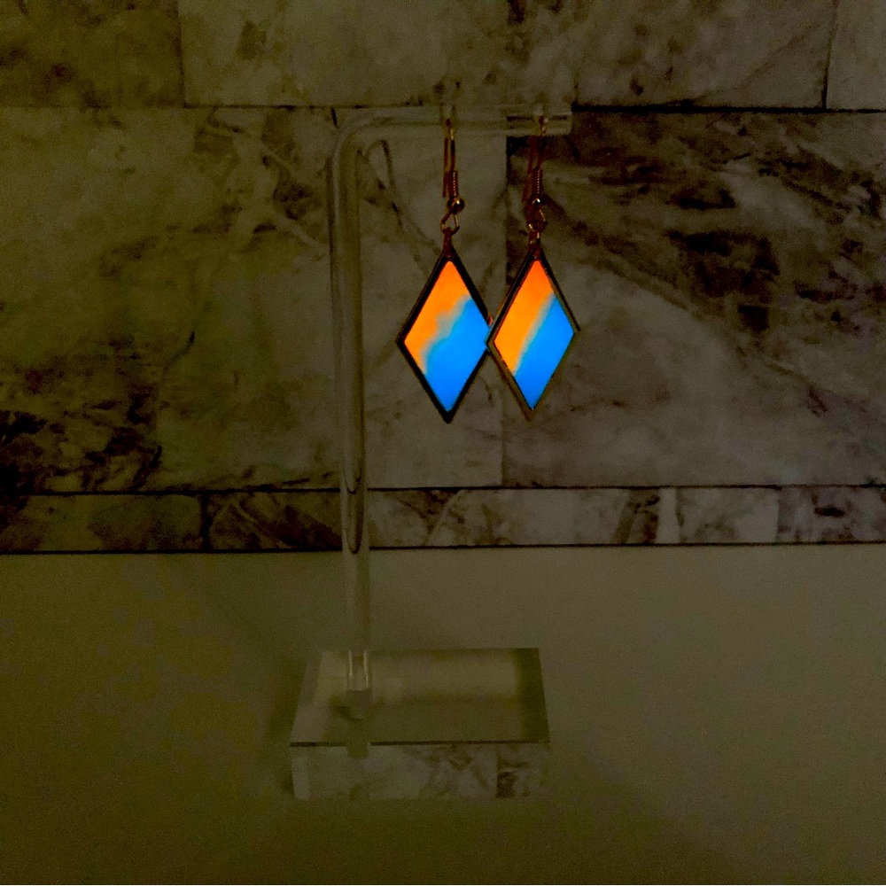 Glow-in-the-Dark Resin Earrings. Golden Diamond Shape. Blue Orange Sunset